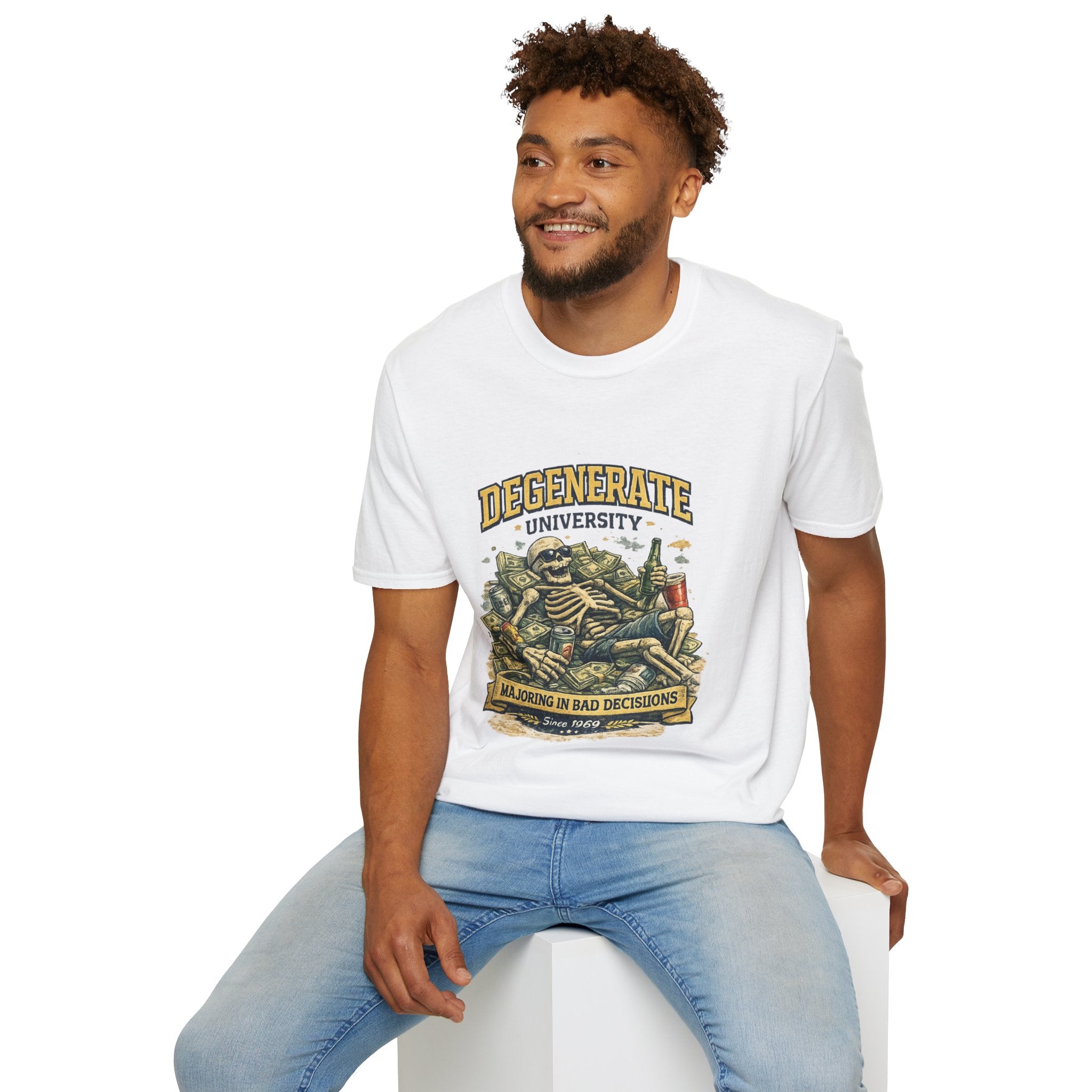 Degenerate University T-Shirt — 'Majoring in Bad Decisions' Skeleton College Tee