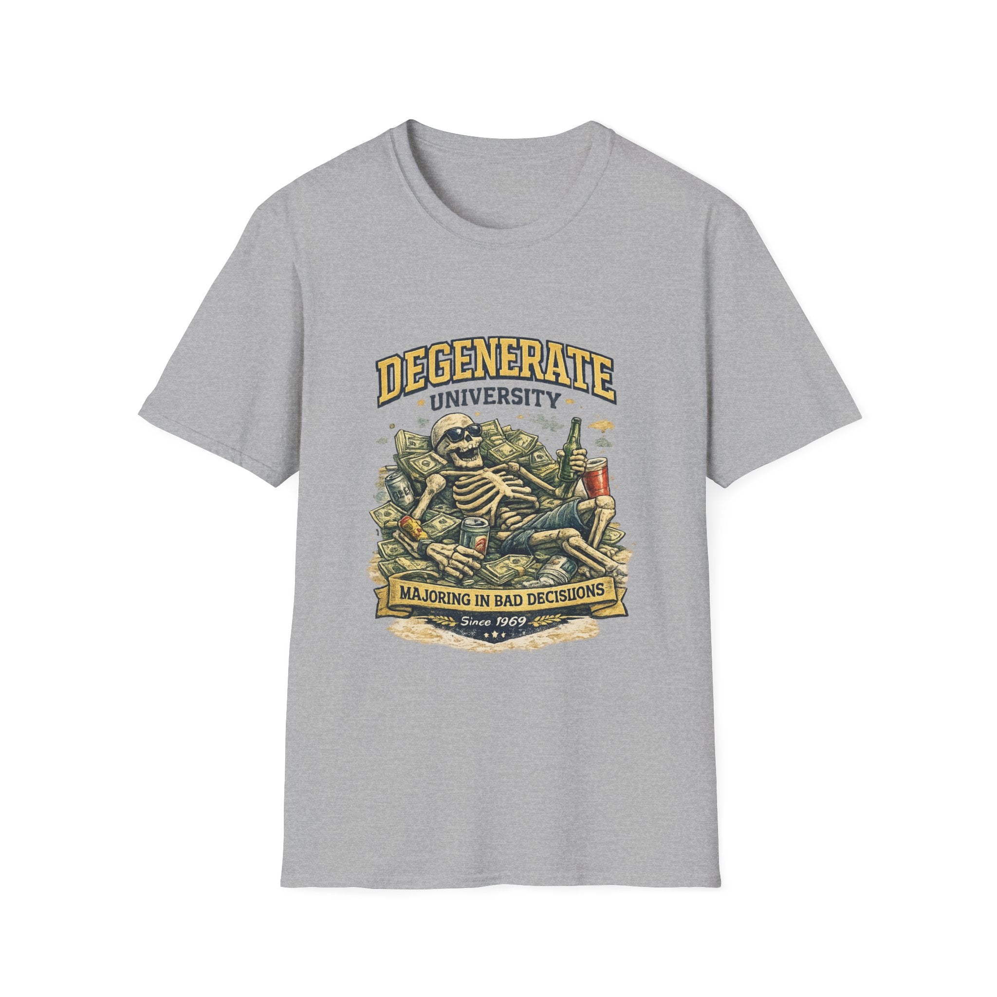 Degenerate University T-Shirt — 'Majoring in Bad Decisions' Skeleton College Tee