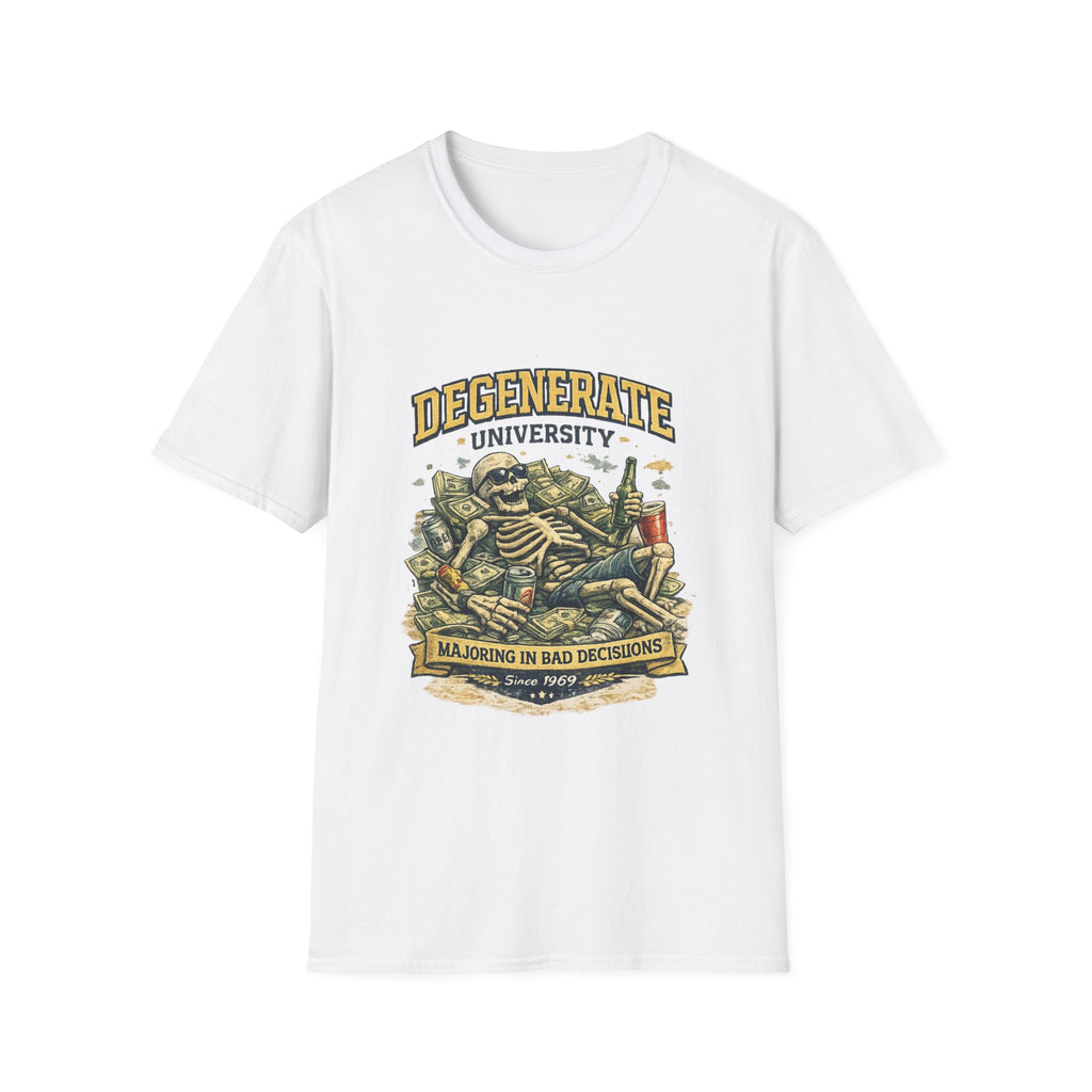 Degenerate University T-Shirt — 'Majoring in Bad Decisions' Skeleton College Tee