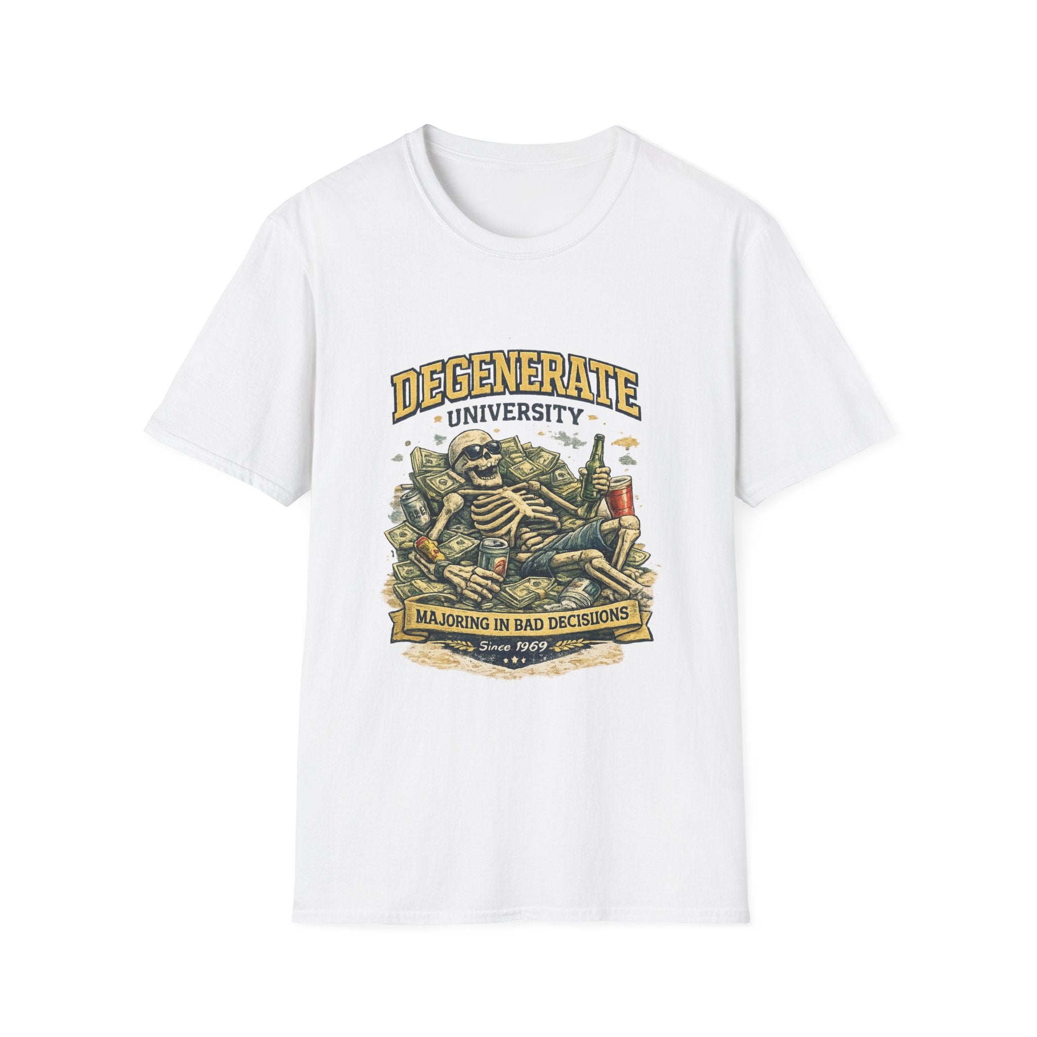 Degenerate University T-Shirt — 'Majoring in Bad Decisions' Skeleton College Tee