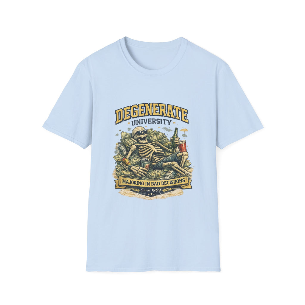 Degenerate University T-Shirt — 'Majoring in Bad Decisions' Skeleton College Tee