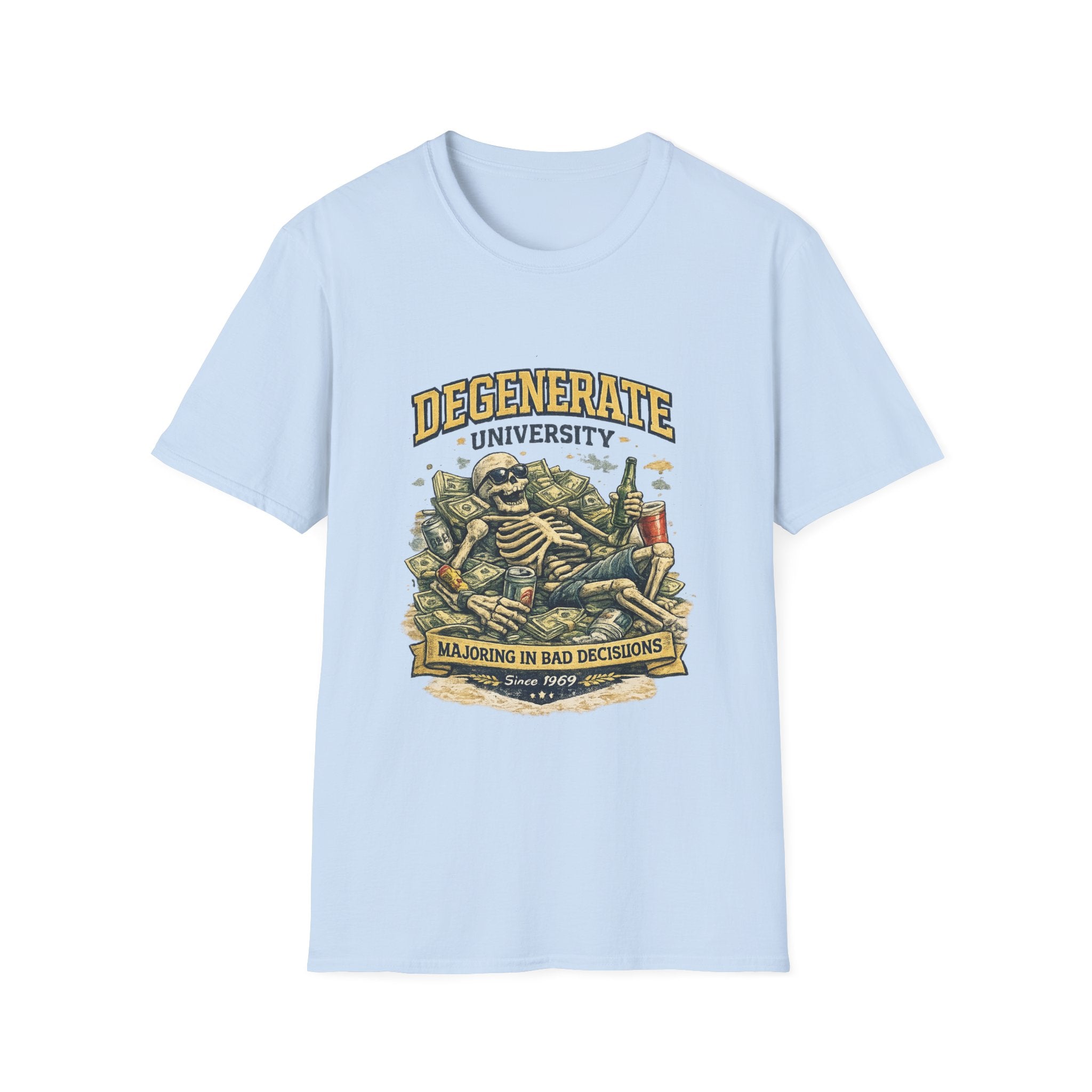 Degenerate University T-Shirt — 'Majoring in Bad Decisions' Skeleton College Tee